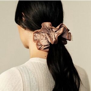 Sezane Gingham Hair Scrunchie in Brown and Cream